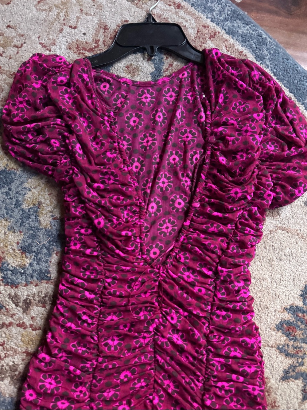 Free People Fuchsia Floral Ruched Velvet Blouse